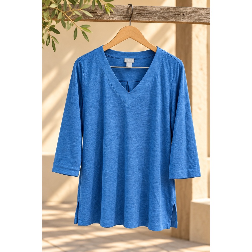 Chicos Blue 100% Linen V-Neck 3/4 Sleeve Tunic Top Size 2 Large Slub Knit